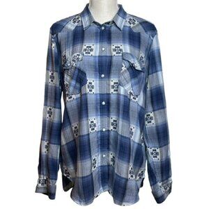AMERICAN EAGLE Pearl Snap Boyfriend Fit Blue Plaid Shirt - Size XL